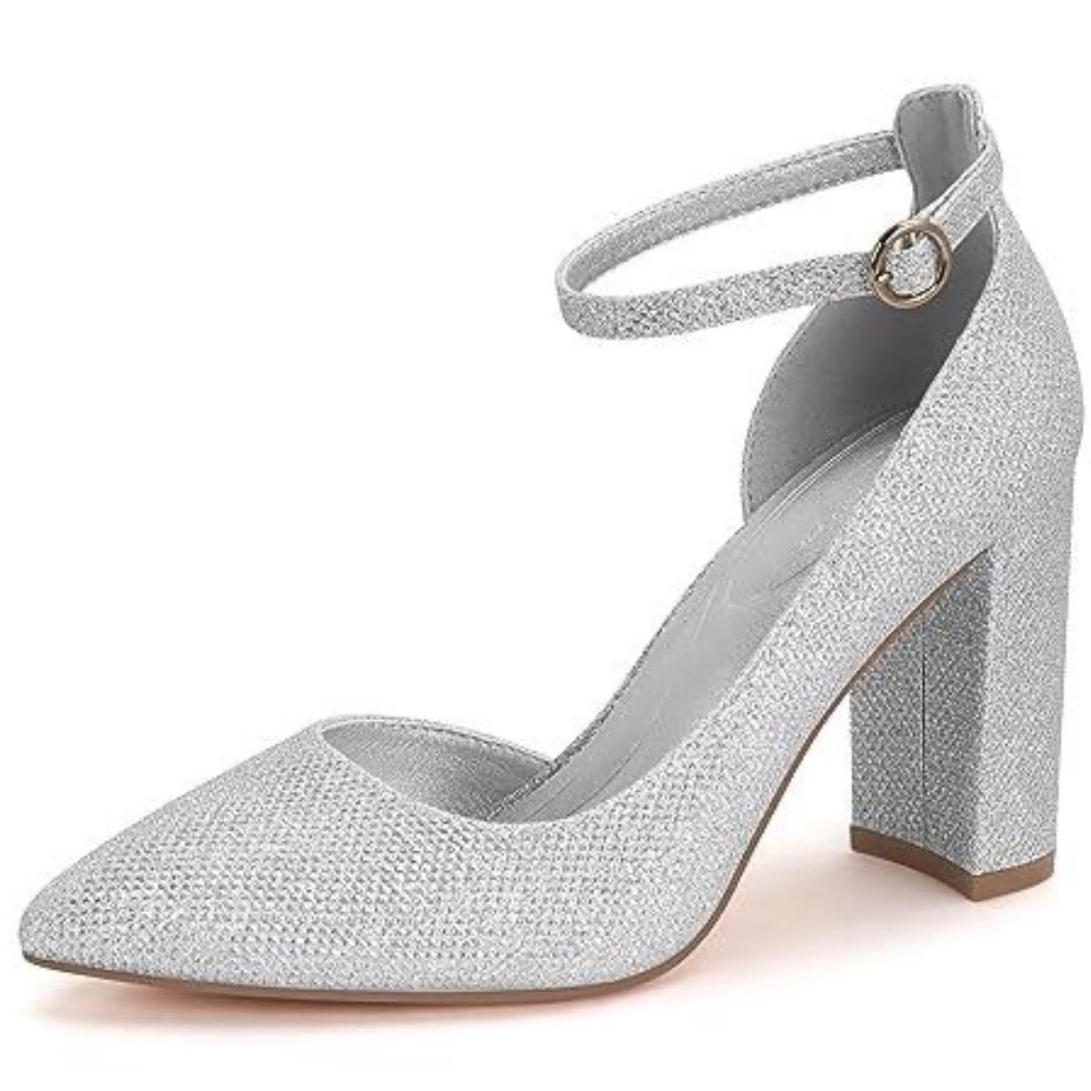 Silver Glitter Ankle Strap Chunky Heel Pumps | Size 7.5 | Wedding Party